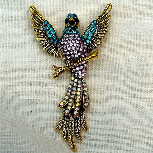 Elegant Gold and Blue Bird Brooch - Picture 1 of 4